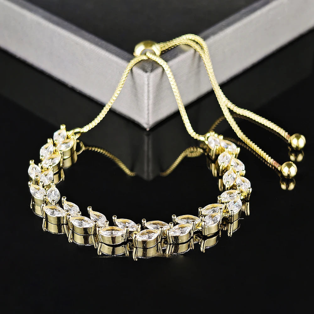 Trendy Cubic Zirconia Leaf Bridal Bracelets Bangle for Women White Color Adjustable Bracelet Wedding Jewelry S8482