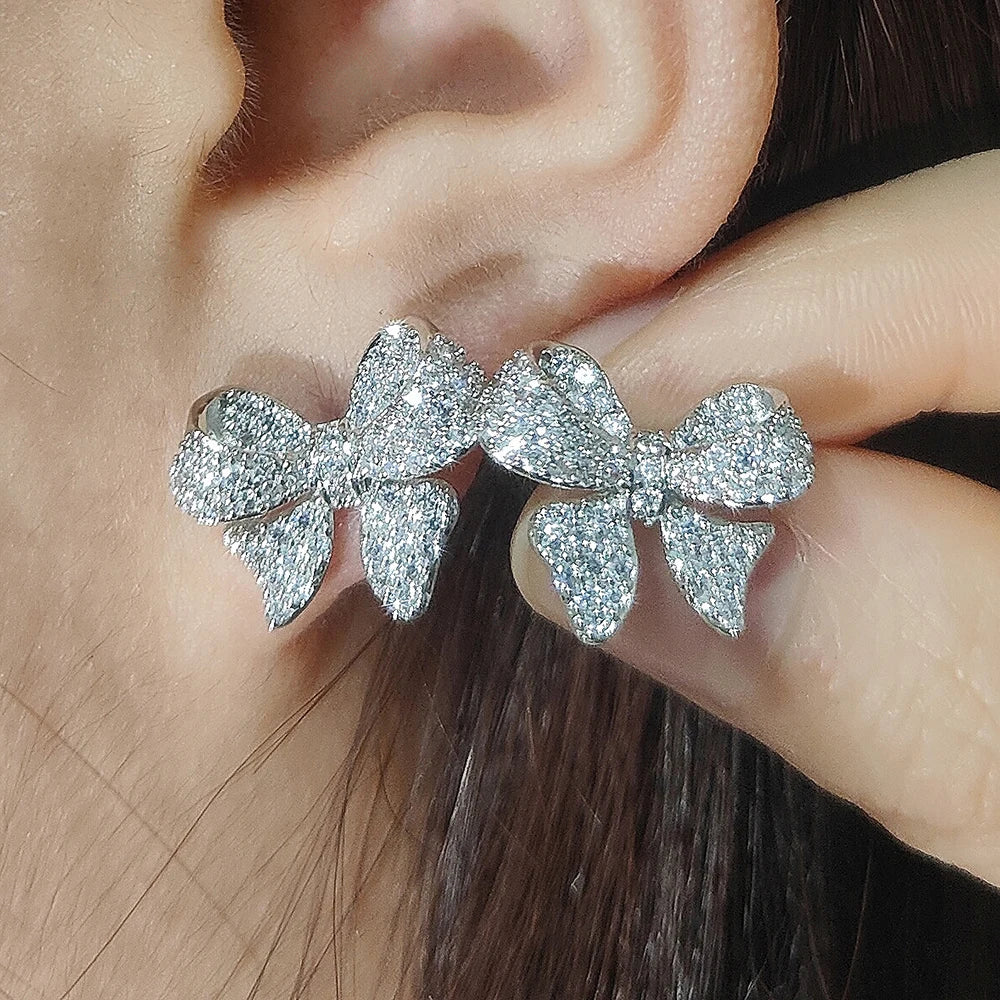 Romantic Bowknot Women Stud Earrings Full Paved Shiny Crystal Zircon Delicate Girl Accessories Fashion Earrings Jewelry e5765