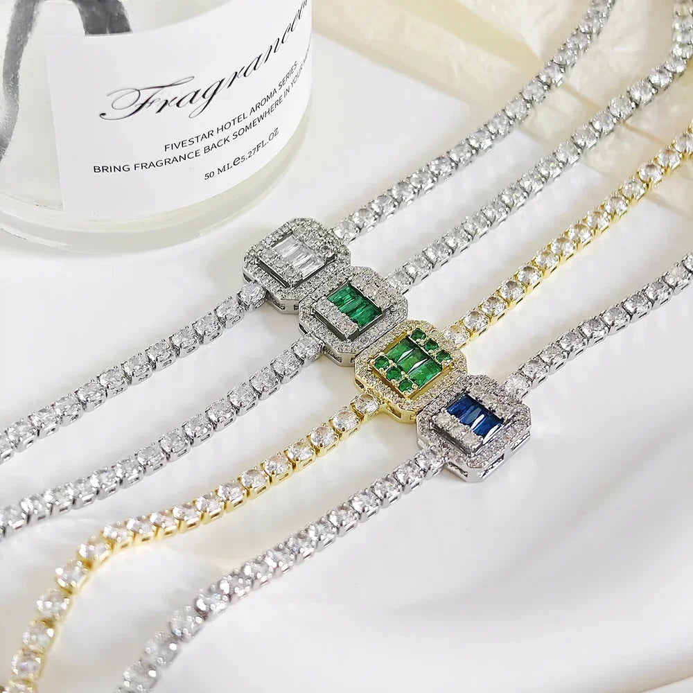 Luxury Green Blue Rectangle Charm Silver Color on Hand Bracelet for Women Wedding Girl Gift Wholesale Free Shipping Items S8151