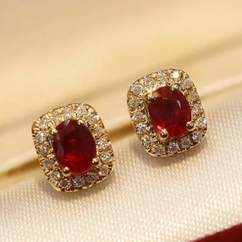 Fashion Red Cubic Zirconia Stud Earrings Luxury Gold Color Wedding Ear Accessories for Women Versatile Jewelry Wholesale e7558