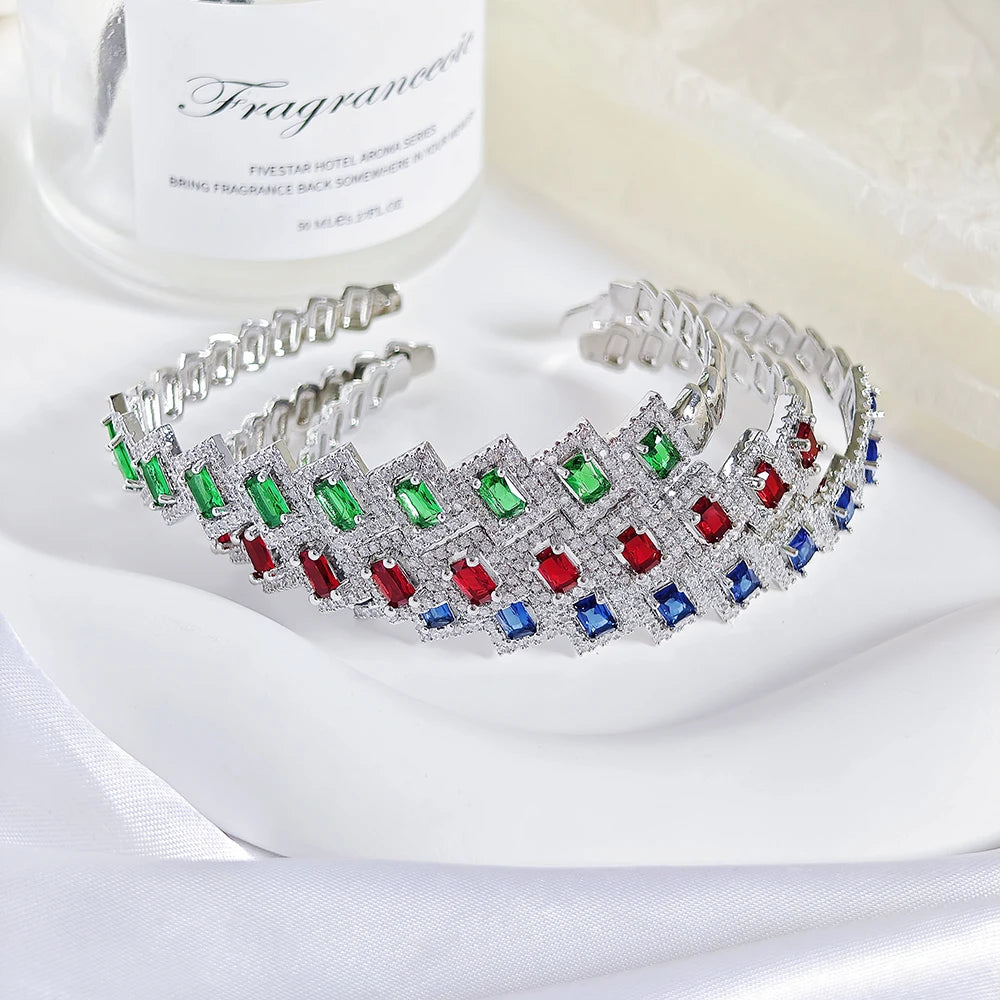 Luxury Round Blue Green Red Color on Hand Open Bracelet Bangle for Women Anniversary Gift Jewelry Wholesale Moonso S6145