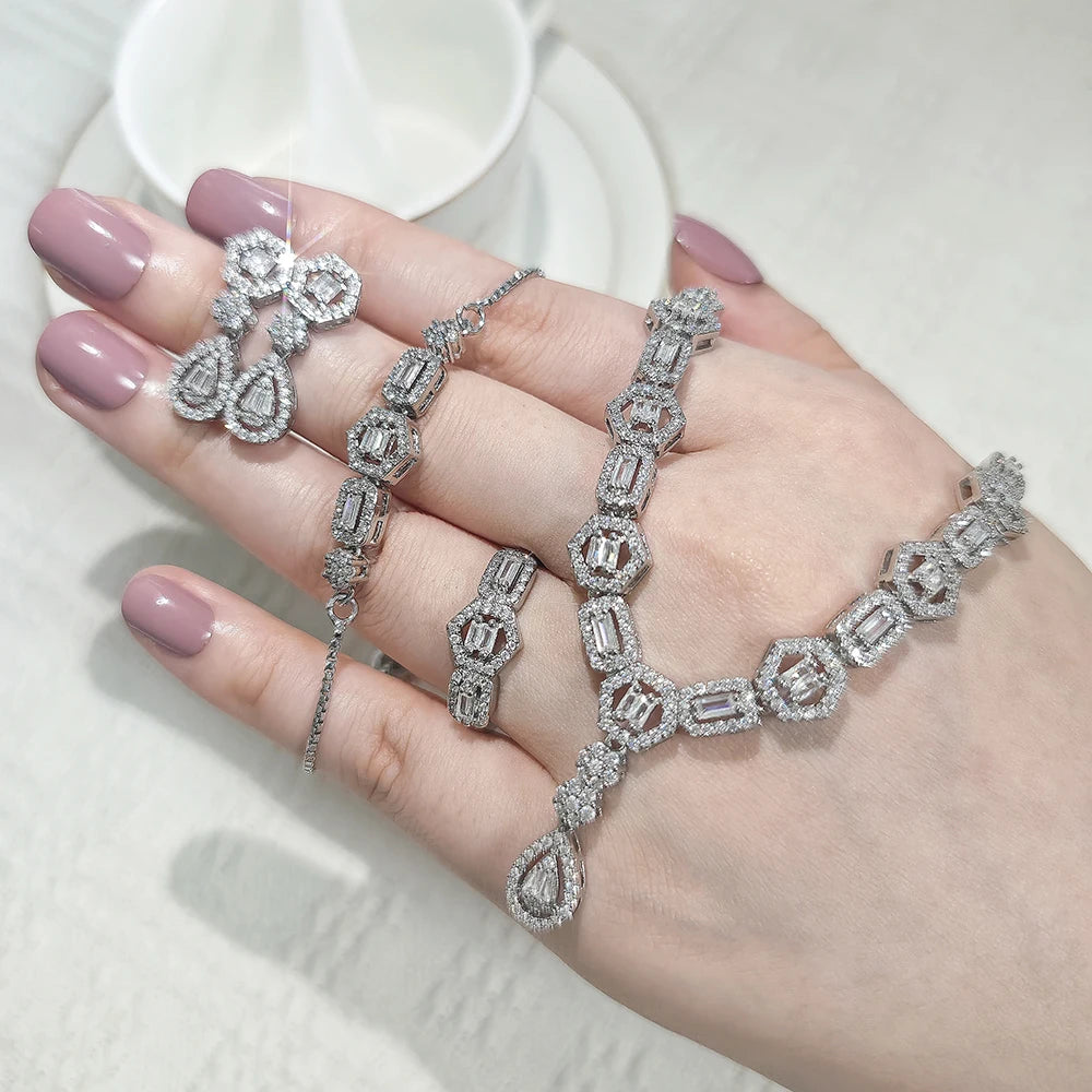 Moonso Luxury Designer Silver Color Jewelry Set for Women Engagement Wedding Anniversary Gift Jewelry E061-R061-S061-X061