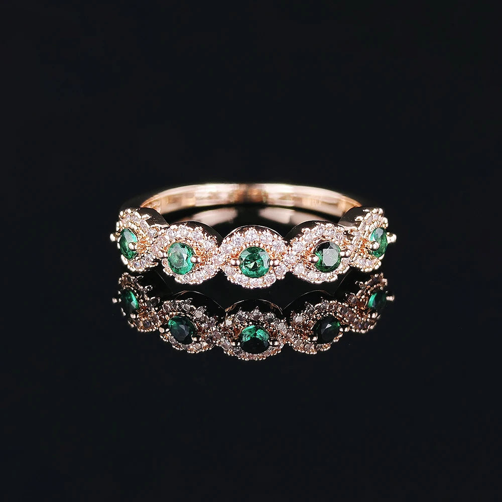 Rose Gold Silver Color Aesthetic Green Zircon Eternity Wedding Band Rings for Women Anniversary Gift Christmas Brand R6318
