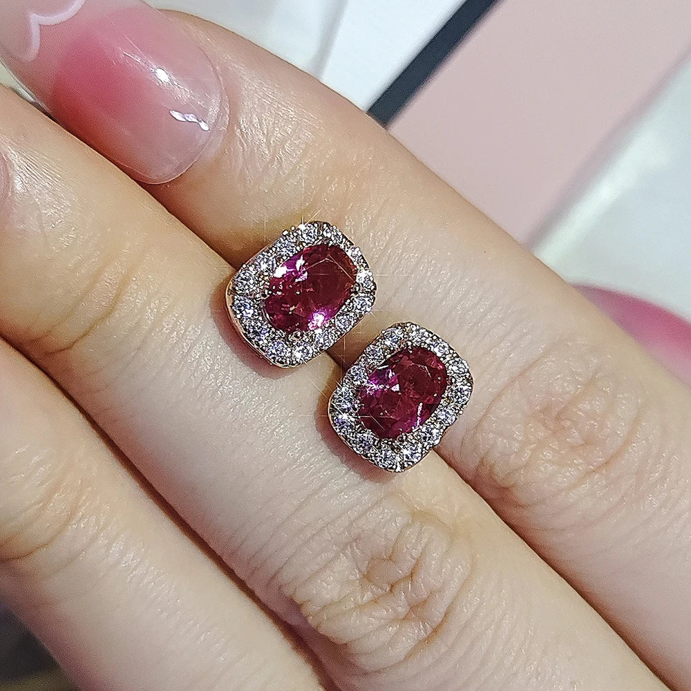 Fashion Red Cubic Zirconia Stud Earrings Luxury Gold Color Wedding Ear Accessories for Women Versatile Jewelry Wholesale e7558