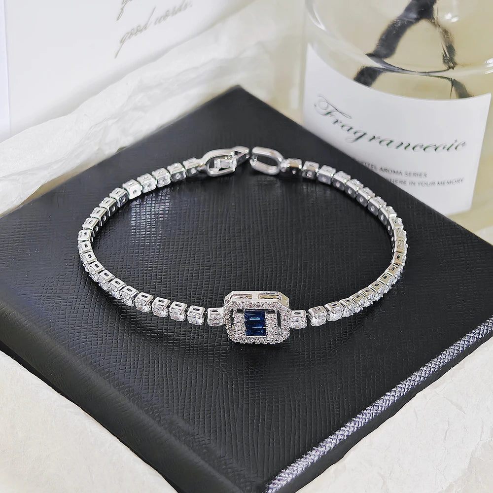 Luxury Green Blue Rectangle Charm Silver Color on Hand Bracelet for Women Wedding Girl Gift Wholesale Free Shipping Items S8151