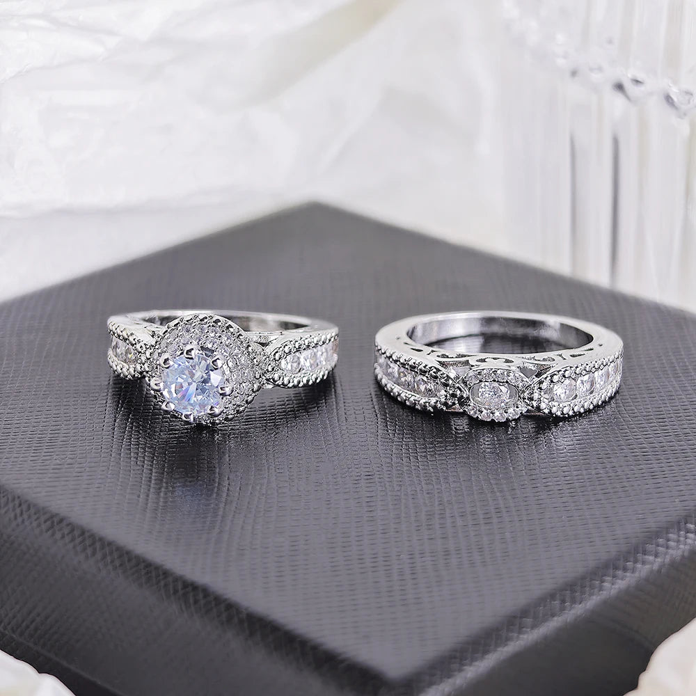 Luxury Designer Halo Gold Silver Color Bride Wedding Ring Set for Women Lady Anniversary Gift Drop Shipping Moonso R5080