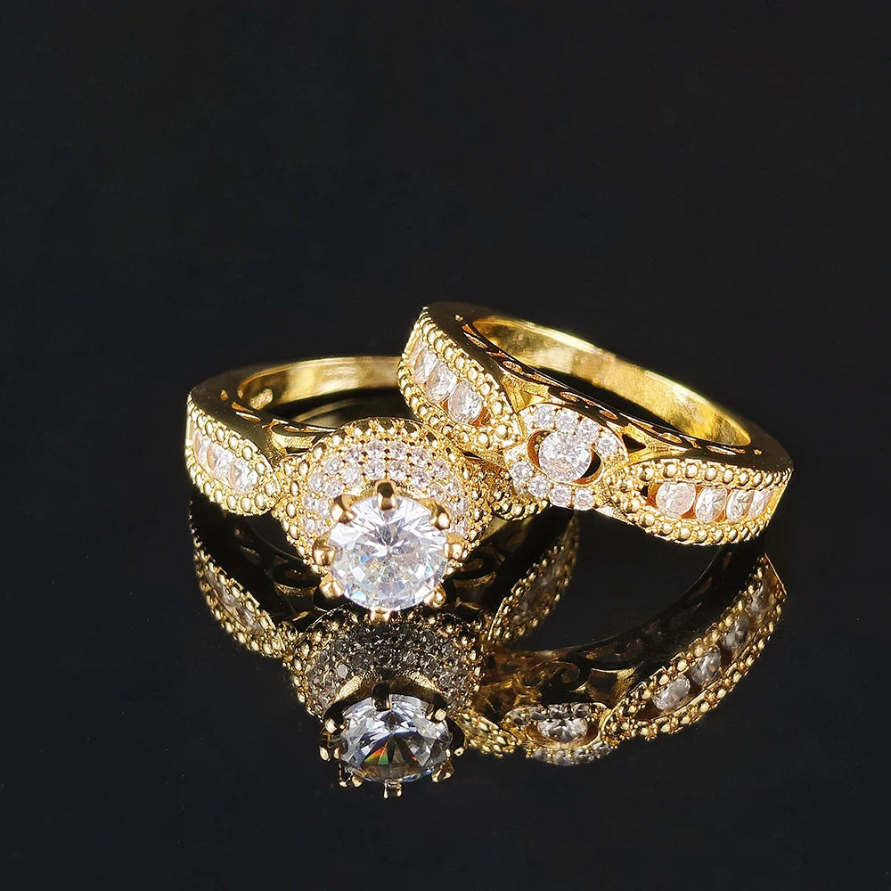 Luxury Designer Halo Gold Silver Color Bride Wedding Ring Set for Women Lady Anniversary Gift Drop Shipping Moonso R5080