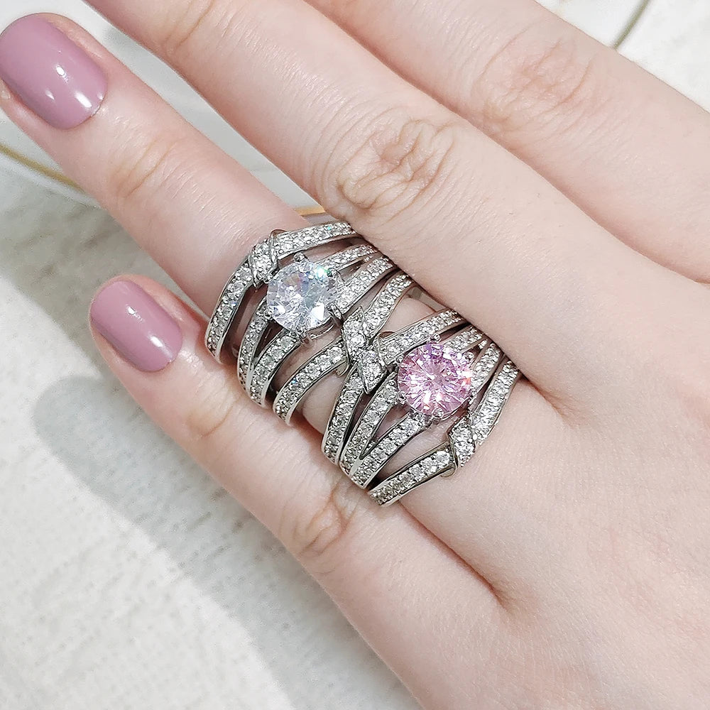 Moonso Trendy Pink Silver Color Engagement Wedding Ring Luxury for Women Anniversary Gift 3pcs Per Set R5863