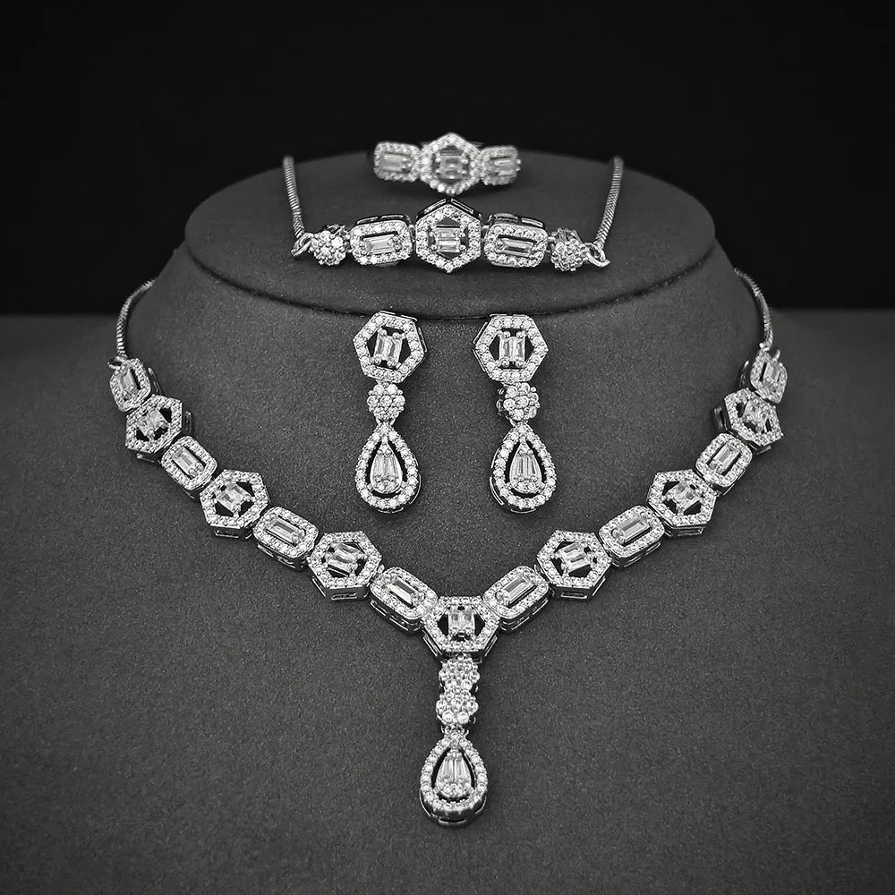 Moonso Luxury Designer Silver Color Jewelry Set for Women Engagement Wedding Anniversary Gift Jewelry E061-R061-S061-X061