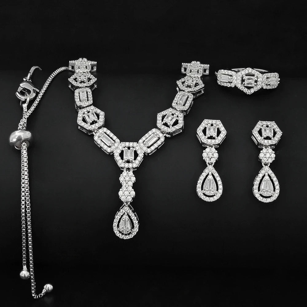 Moonso Luxury Designer Silver Color Jewelry Set for Women Engagement Wedding Anniversary Gift Jewelry E061-R061-S061-X061