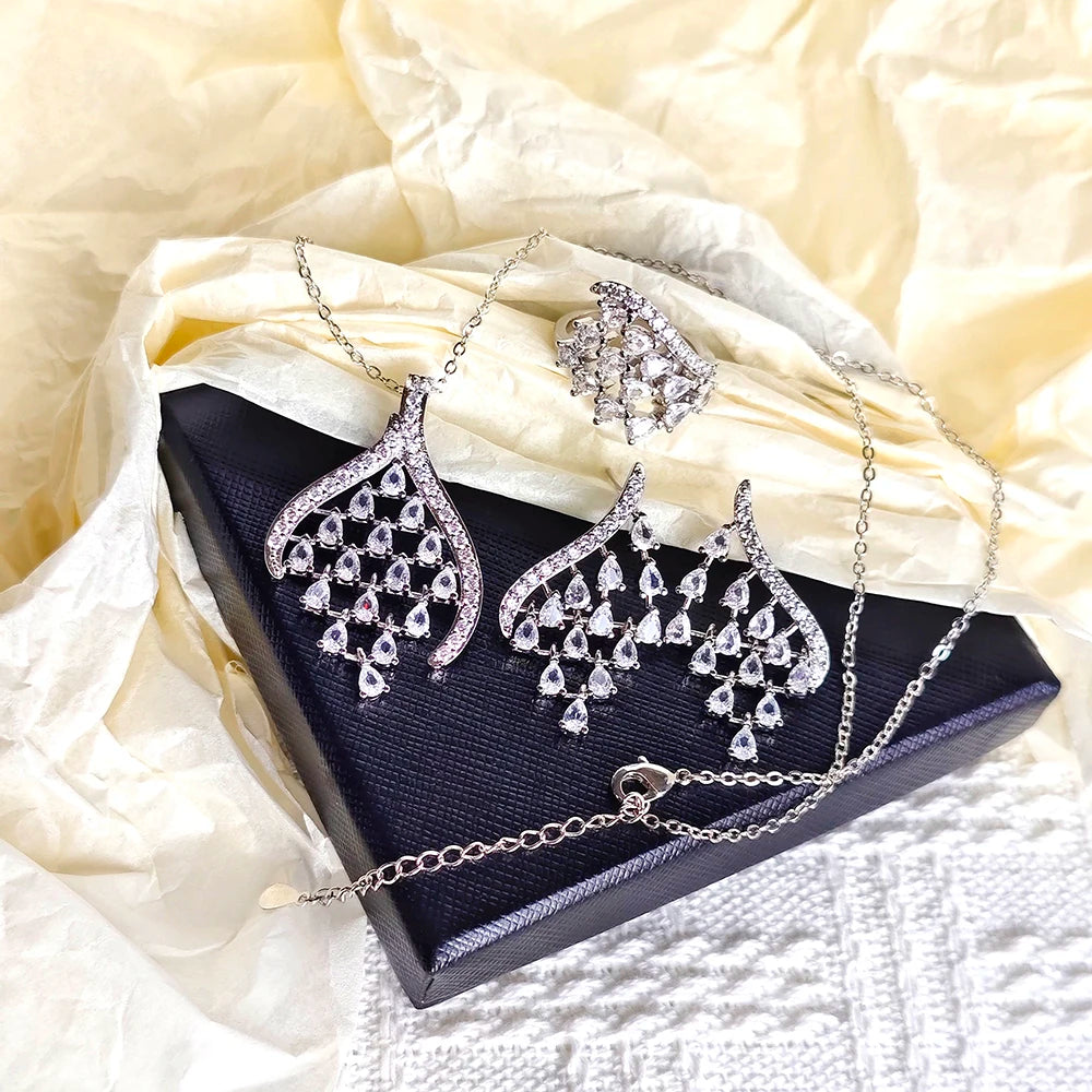 3pcs Per Set Moonso Luxury Pear Silver Color Bride Jewelry Sets for Women Engagement Anniversary Gift Jewelry Wholesale J6826