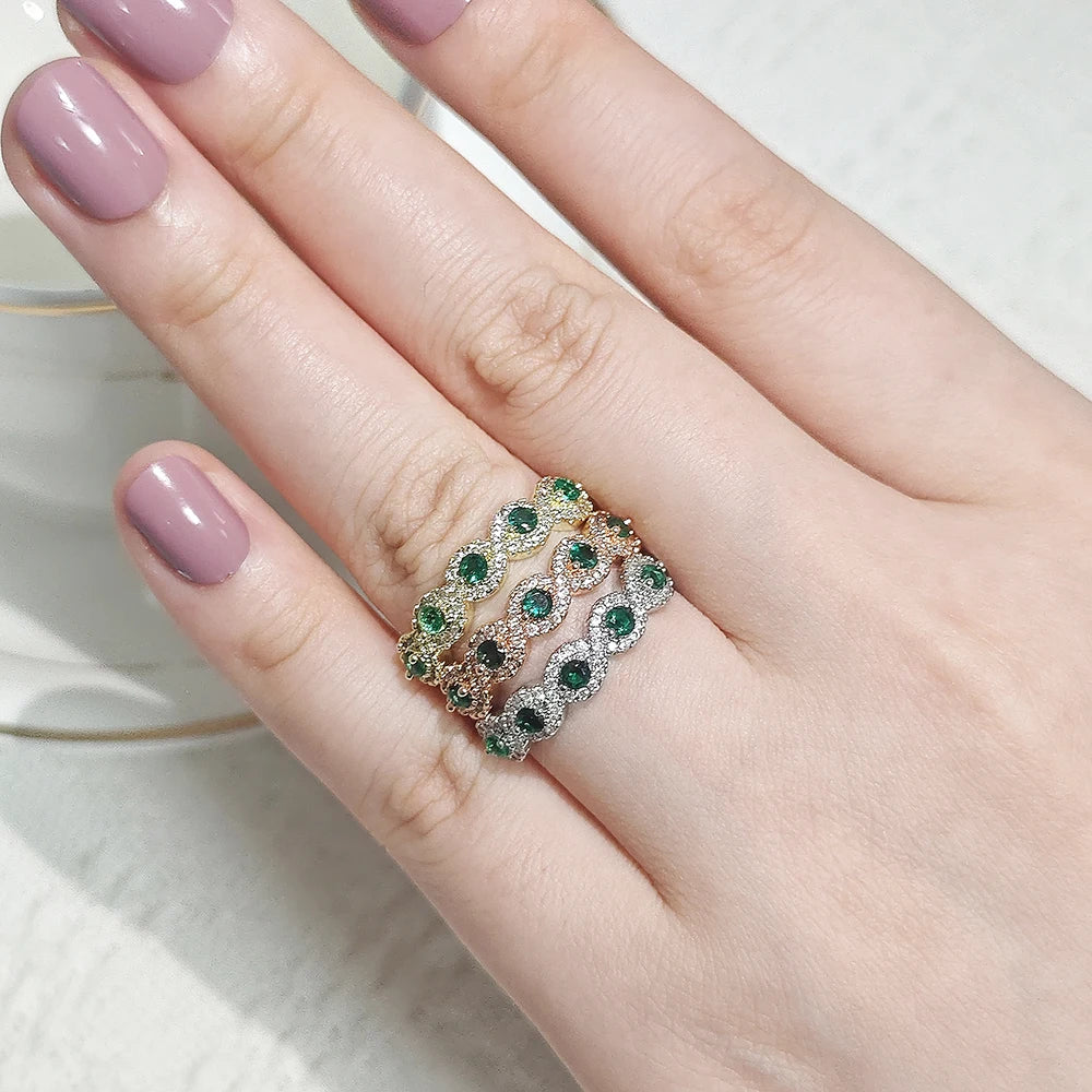 Rose Gold Silver Color Aesthetic Green Zircon Eternity Wedding Band Rings for Women Anniversary Gift Christmas Brand R6318
