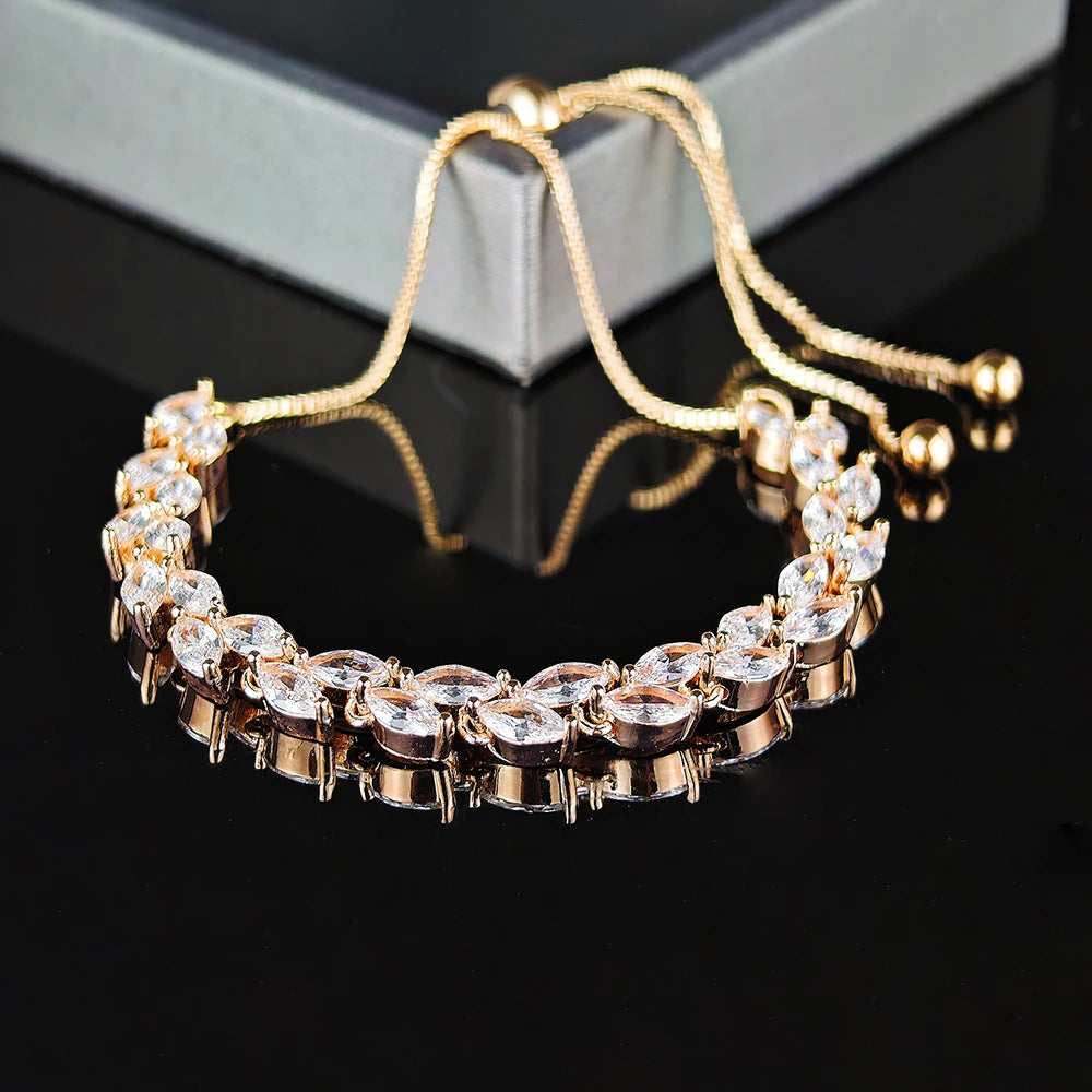 Trendy Cubic Zirconia Leaf Bridal Bracelets Bangle for Women White Color Adjustable Bracelet Wedding Jewelry S8482