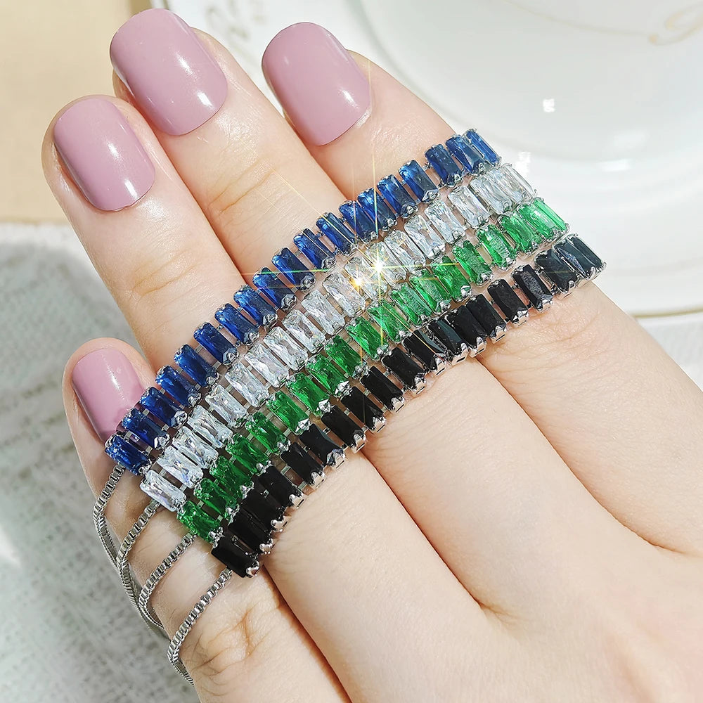 Moonso Luxury Rectangle Green Blue Silver Color Bracelet Bangle for Women Anniversary Gift Jewelry Free Shipping Items S6099