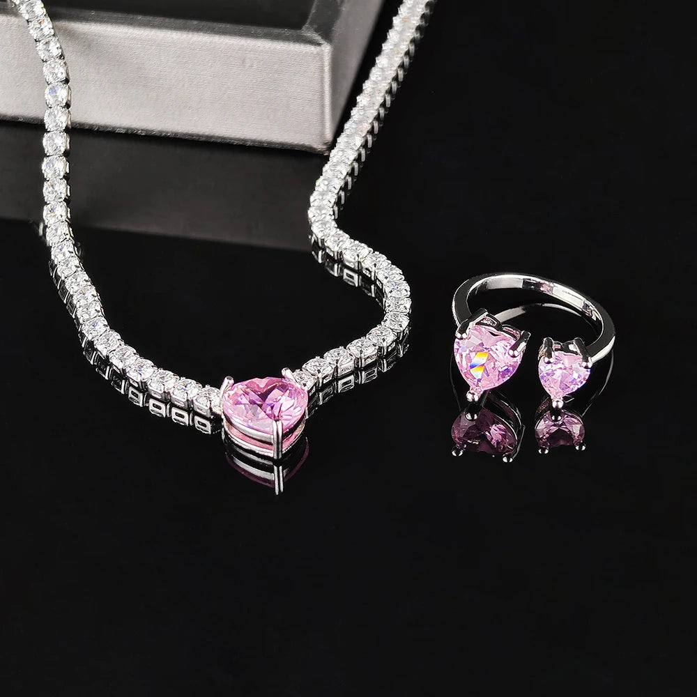 Moonso Luxury Pink Color Jewelry Set Heart Necklace Ring for Women Lady Anniversary Gift Jewelry Wholesale R8107-X8320