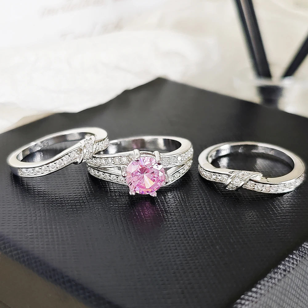 Moonso Trendy Pink Silver Color Engagement Wedding Ring Luxury for Women Anniversary Gift 3pcs Per Set R5863
