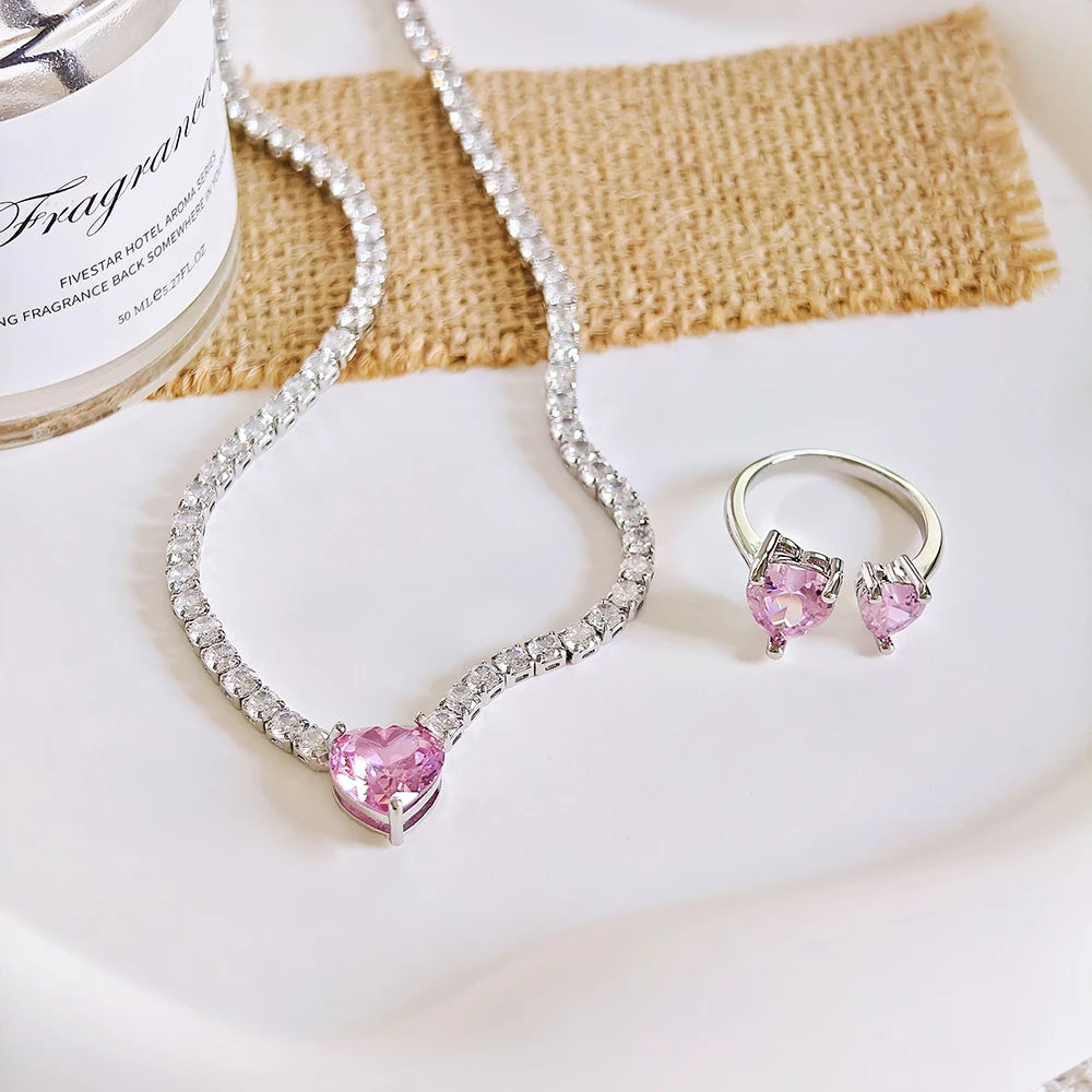 Moonso Luxury Pink Color Jewelry Set Heart Necklace Ring for Women Lady Anniversary Gift Jewelry Wholesale R8107-X8320
