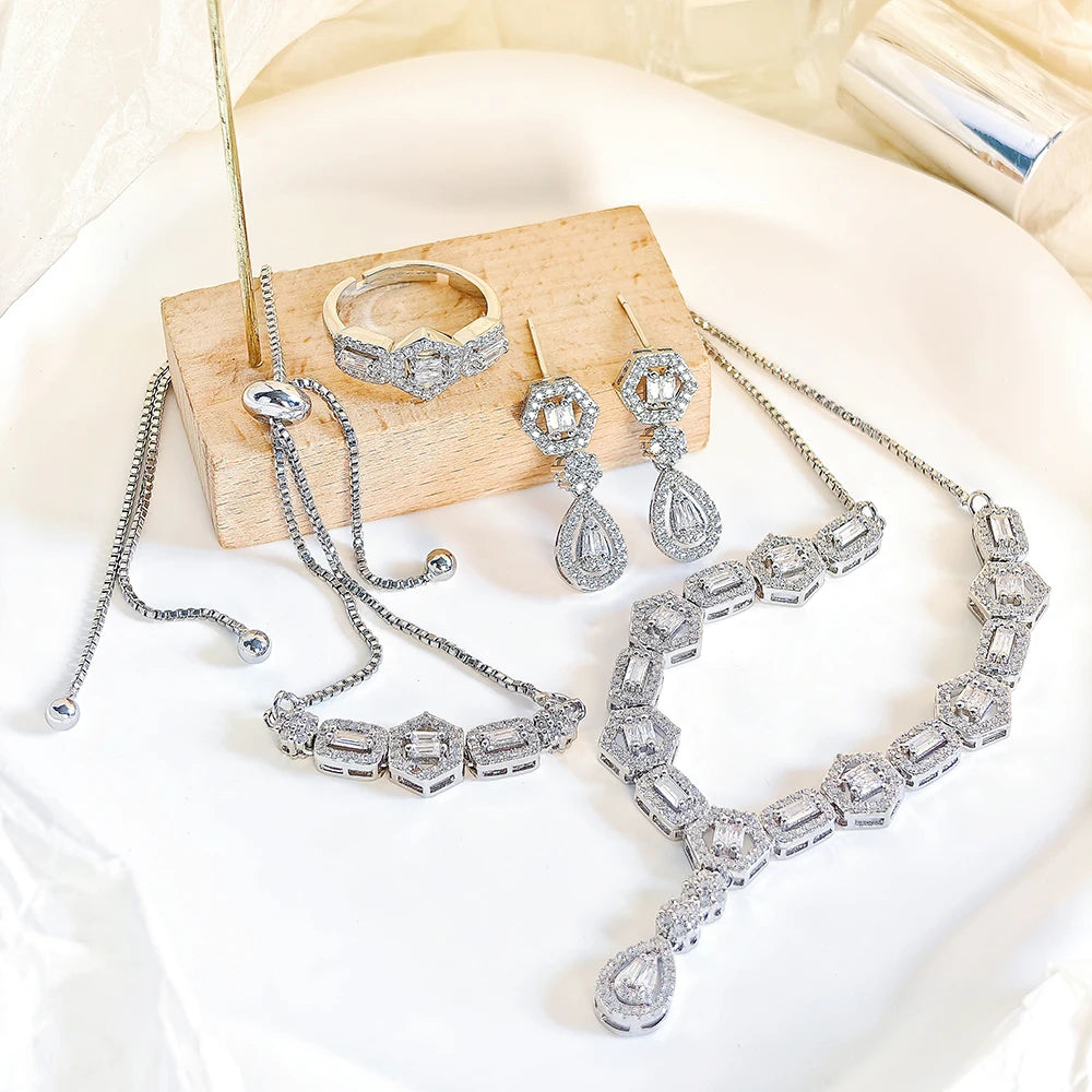 Moonso Luxury Designer Silver Color Jewelry Set for Women Engagement Wedding Anniversary Gift Jewelry E061-R061-S061-X061