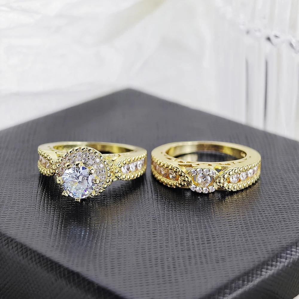 Luxury Designer Halo Gold Silver Color Bride Wedding Ring Set for Women Lady Anniversary Gift Drop Shipping Moonso R5080