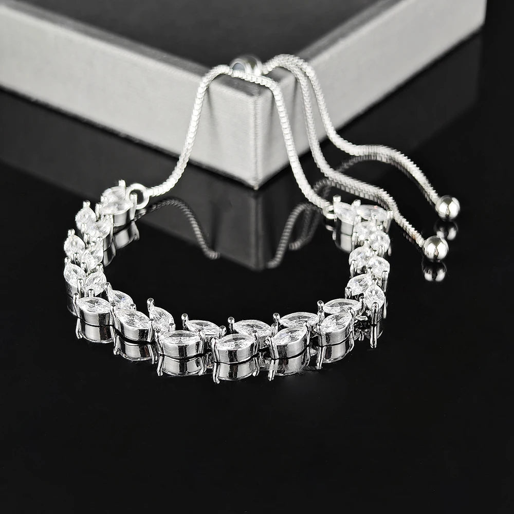 Trendy Cubic Zirconia Leaf Bridal Bracelets Bangle for Women White Color Adjustable Bracelet Wedding Jewelry S8482