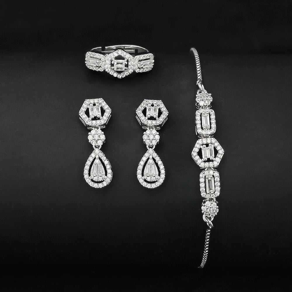 Moonso Luxury Designer Silver Color Jewelry Set for Women Engagement Wedding Anniversary Gift Jewelry E061-R061-S061-X061