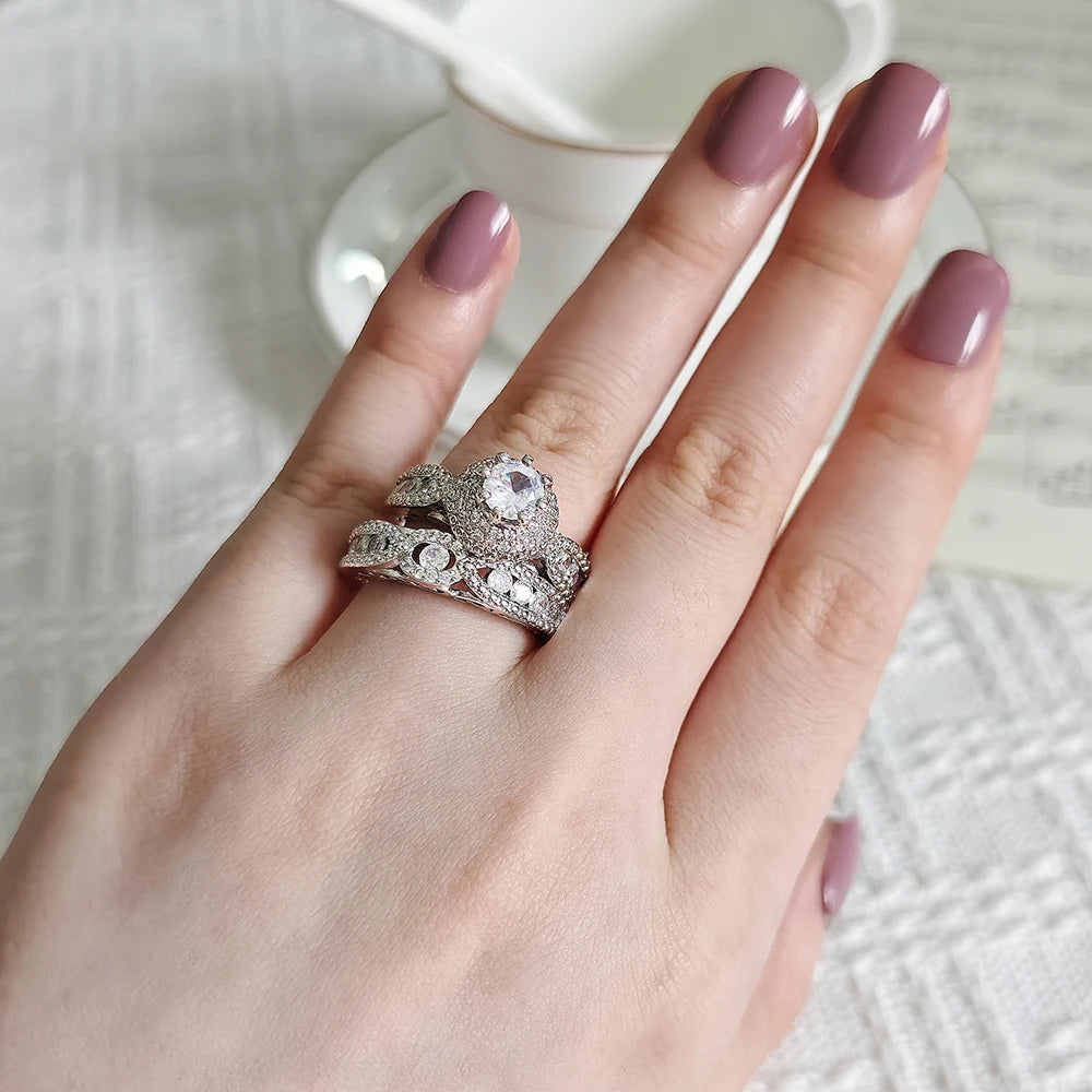 Luxury Designer Halo Gold Silver Color Bride Wedding Ring Set for Women Lady Anniversary Gift Drop Shipping Moonso R5080