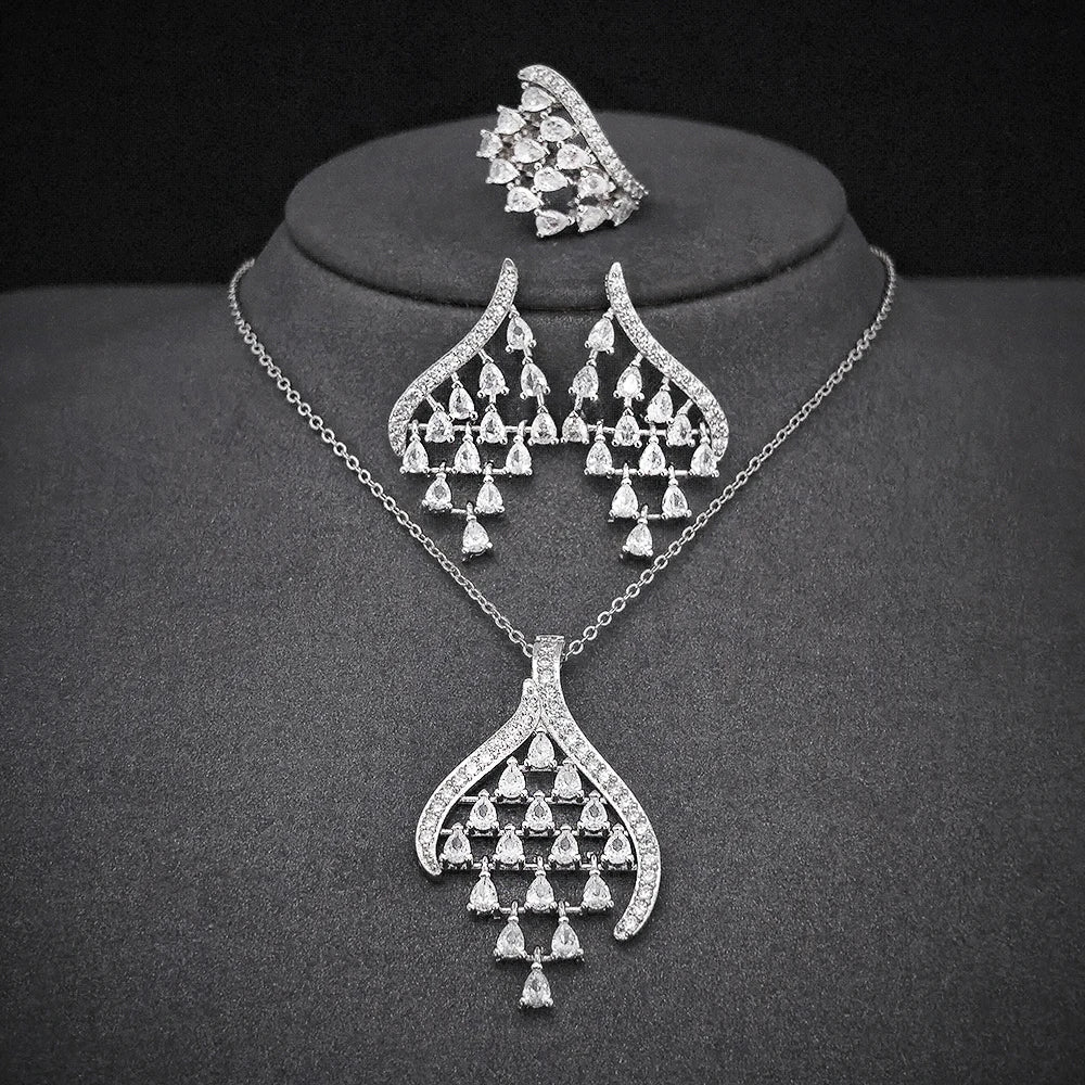 3pcs Per Set Moonso Luxury Pear Silver Color Bride Jewelry Sets for Women Engagement Anniversary Gift Jewelry Wholesale J6826