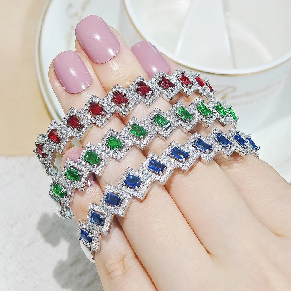 Luxury Round Blue Green Red Color on Hand Open Bracelet Bangle for Women Anniversary Gift Jewelry Wholesale Moonso S6145