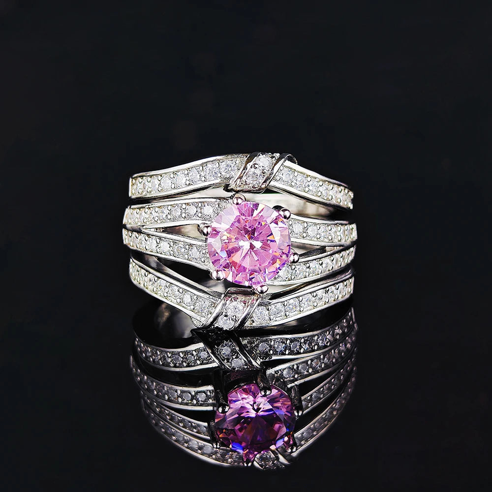 Moonso Trendy Pink Silver Color Engagement Wedding Ring Luxury for Women Anniversary Gift 3pcs Per Set R5863