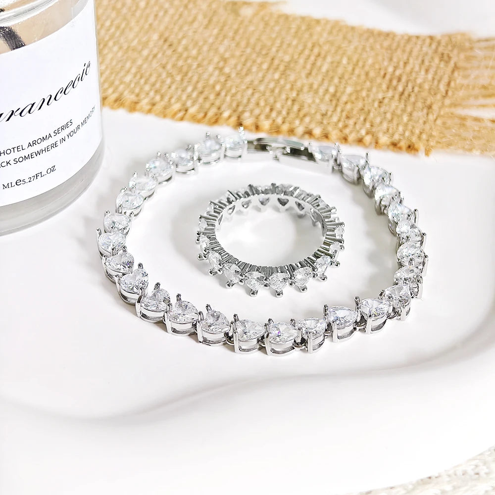 Moonso Trendy Heart Silver Color Cute Ring Bracelet Jewelry Set for Girl Lovers Love Party Gift Jewelry Wholesale R4578-s7982